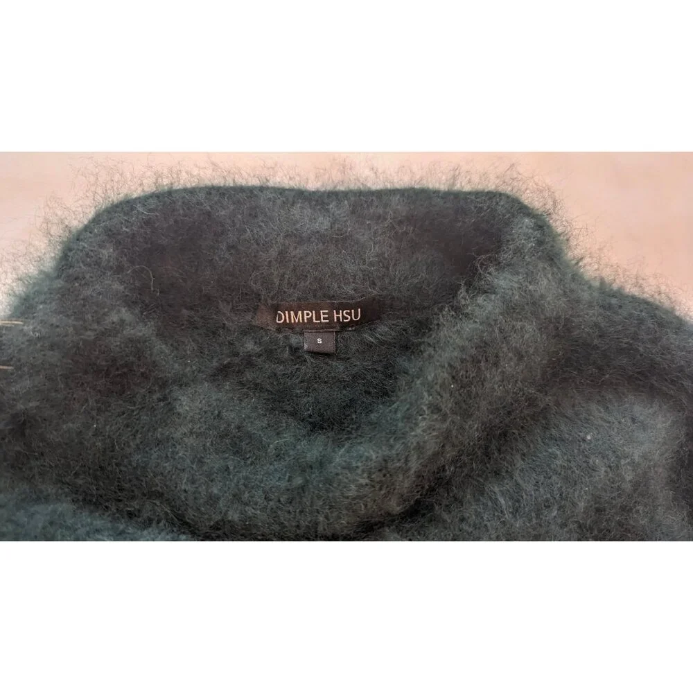 Dimple Hsu Dark Green LUSH, BEAUTIFUL Asymmetrical Mock Neck prob Angora Sweater - Picture 4 of 6